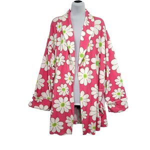 Aegean Apparel Terrycloth robe Pink White Daisy M No belt vtg retro hippie